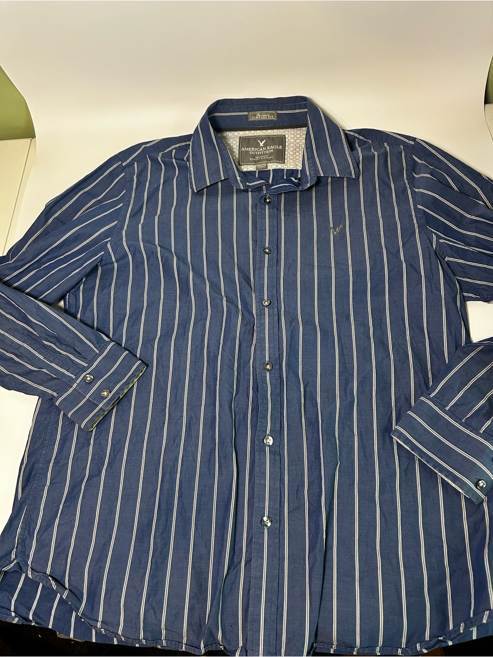 American Eagle Outfitters Navy Blue and White Vertical Stripe Button-Down Shirt